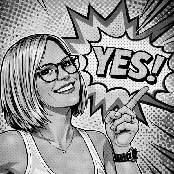 Comic-Porträt Franziska Kremtz mit YES-Schriftzug